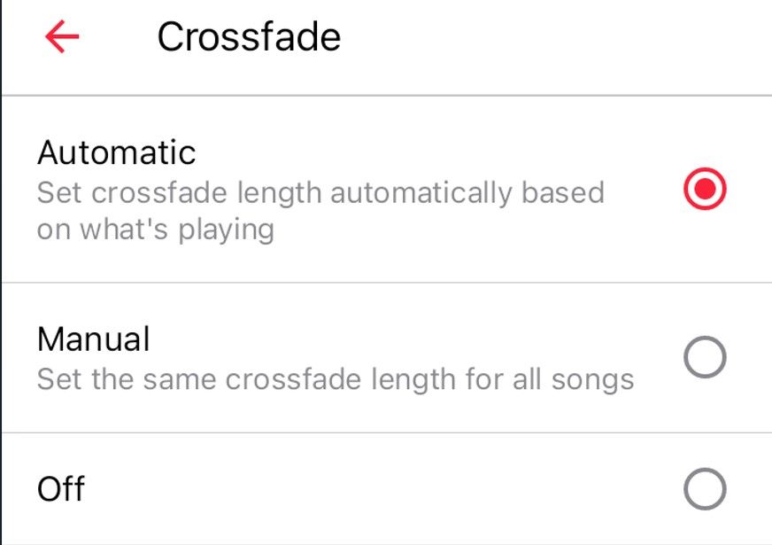 Опции автоматического и ручного перехода Crossfade на Android.