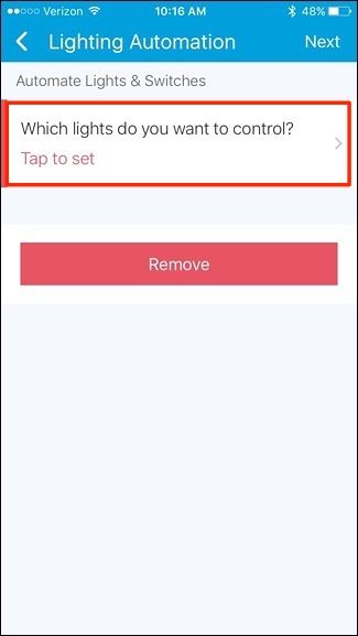 Скриншот экрана выбора освещения: список ламп и розеток