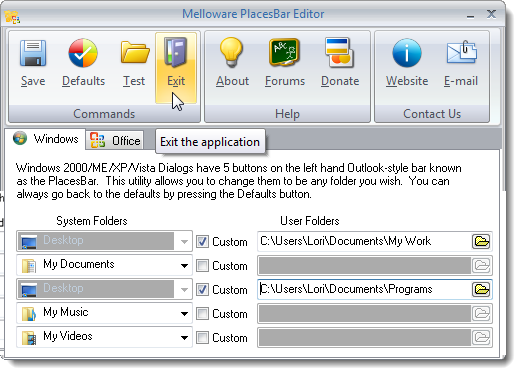 Закрытие приложения PlacesBar Editor