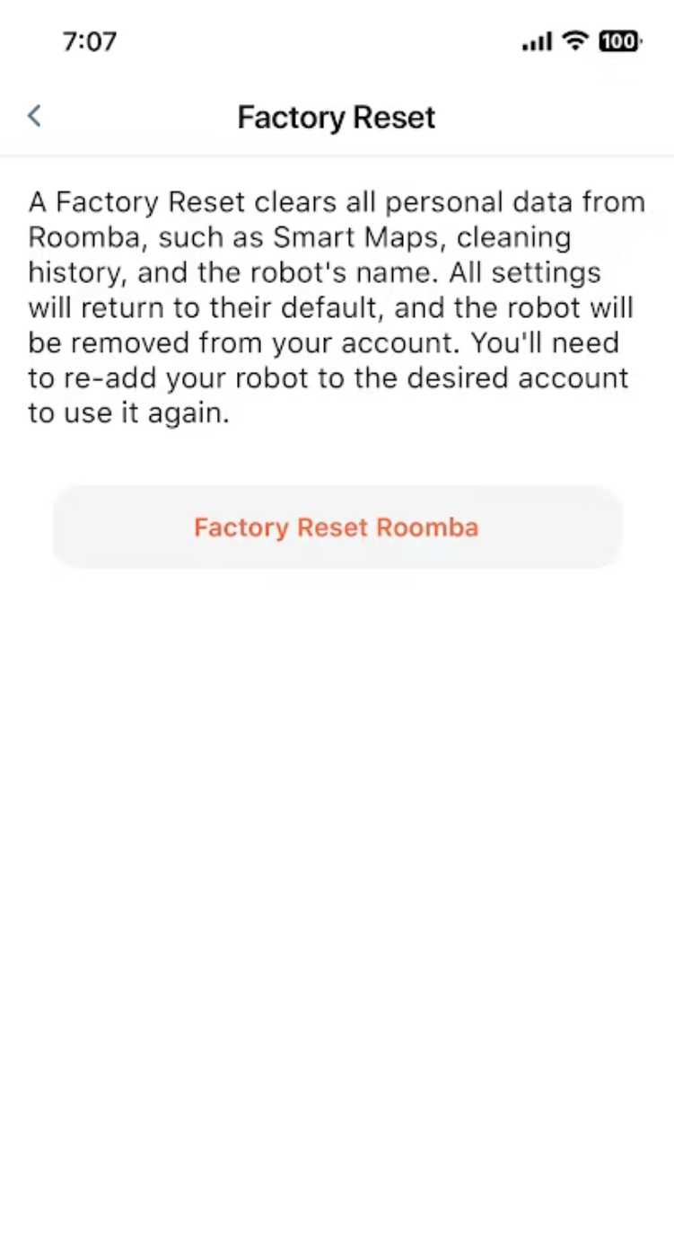 Диалог подтверждения сброса Roomba в приложении