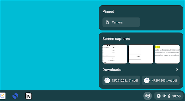 Закрепление файла или папки на панели Chromebook — элемент появляется вверху Holding Space