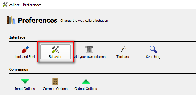Раздел «Поведение» в настройках Calibre