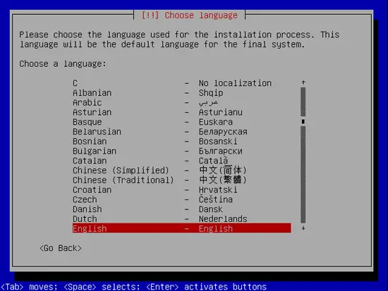 Schermata: scelta della lingua per il sistema Ubuntu