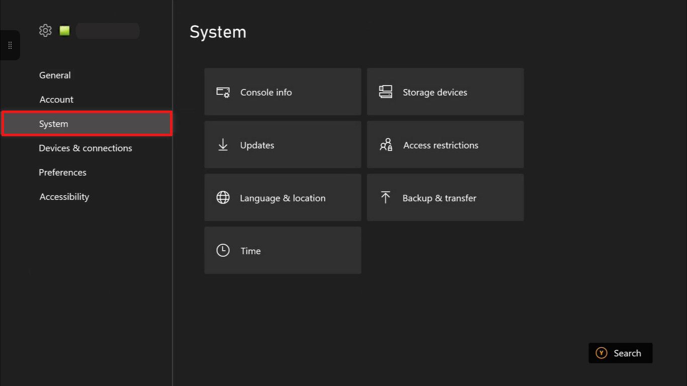 Вкладка Система в настройках Xbox One, с выделением