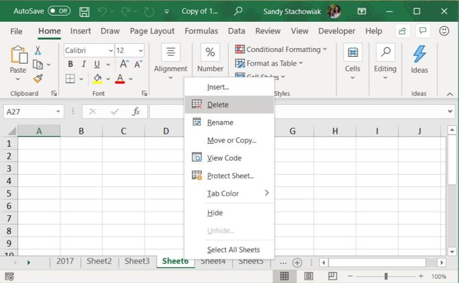 Удаление вкладки Excel
