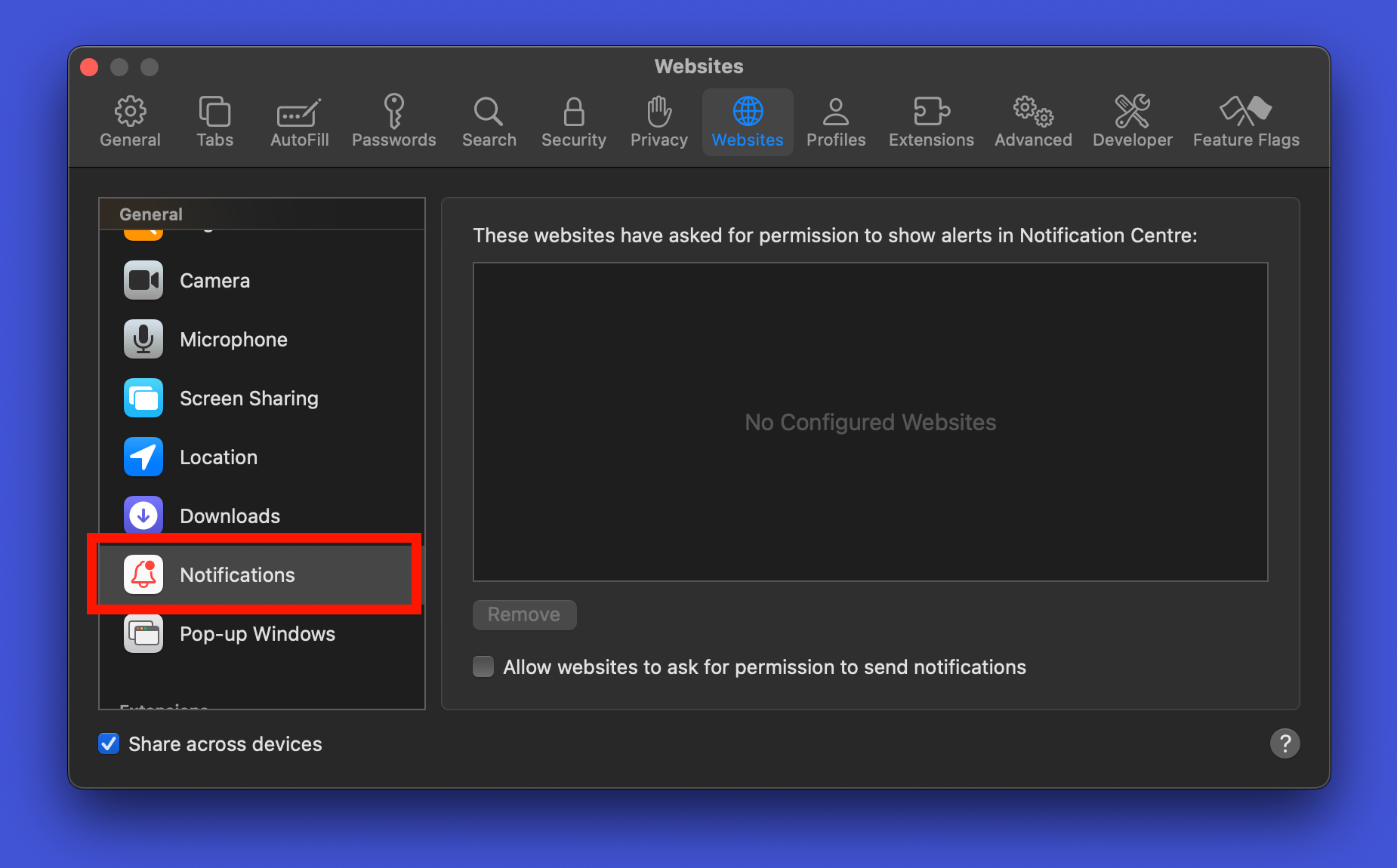 Управление уведомлениями в Safari.
