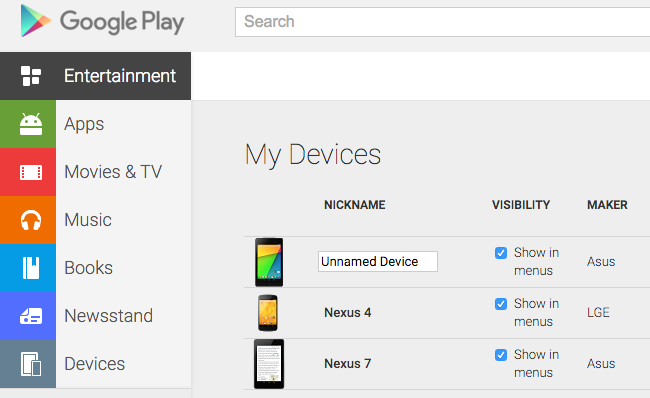 Настройка учетной записи Google Play с возможностью редактирования имени устройства