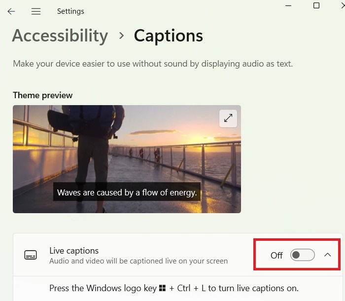 Включение Live Captions в Windows 11 Settings.