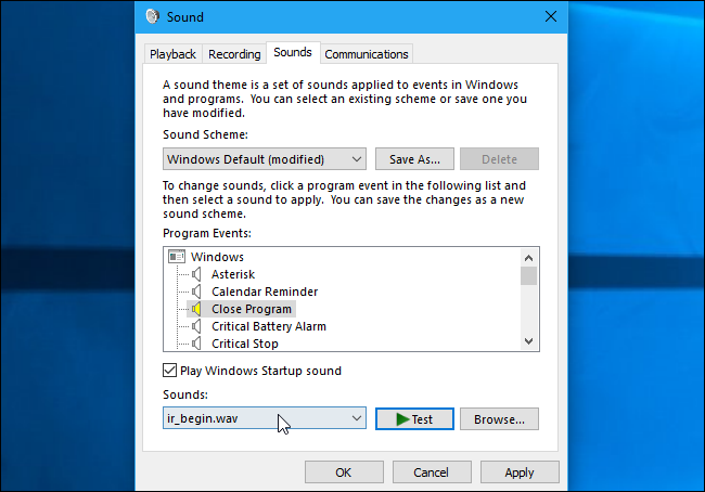 Окно добавления пользовательского .wav для системного события и кнопка «Проверка»
