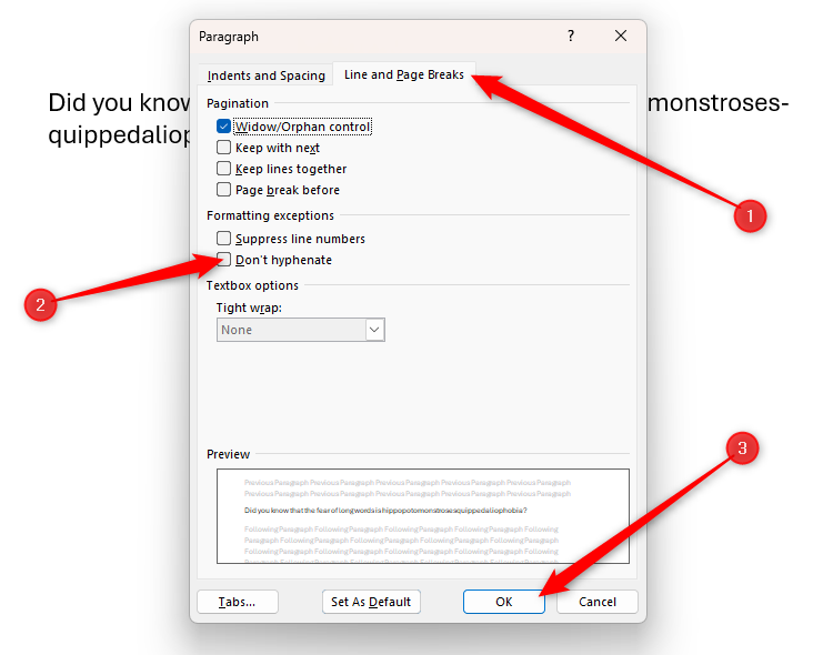 Опция Не переносить снята в диалоге Абзац.