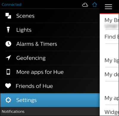Меню настроек приложения Philips Hue на iOS