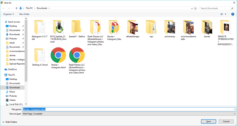 Окно «Сохранить как» для сохранения веб-страницы Instagram в Chrome/Firefox