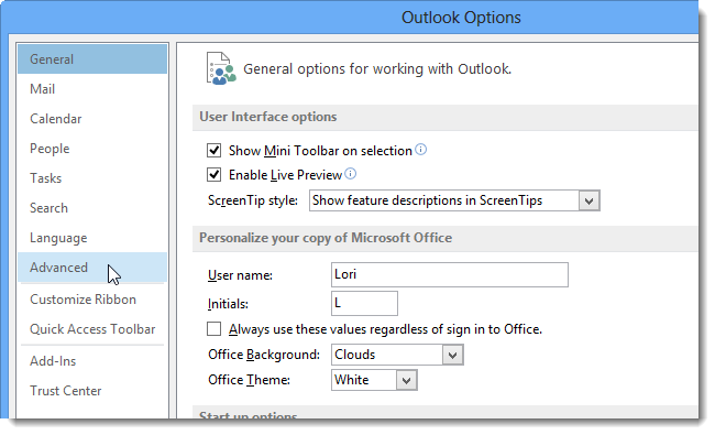Выбор раздела Дополнительно в диалоге параметров Outlook