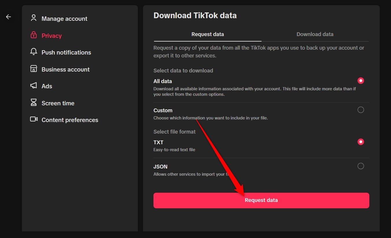 Кнопка запроса данных TikTok