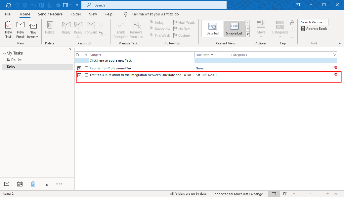 Задача создана в Outlook и видна в списке задач