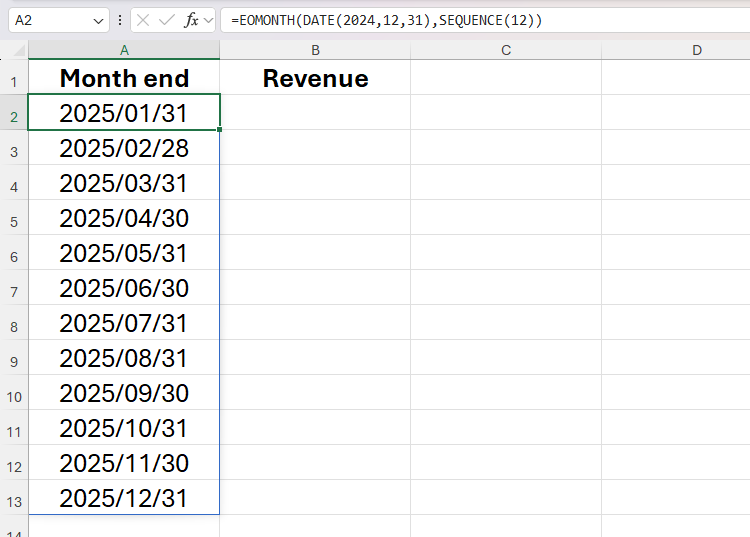 Le funzioni EOMONTH, DATE e SEQUENCE usate insieme per restituire un array di date di fine mese nel 2025.