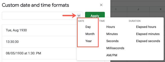 Опции даты: день месяц год