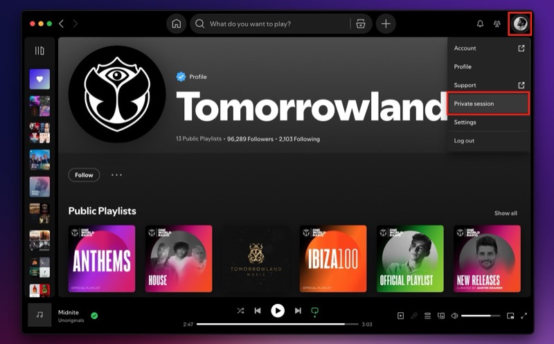 Включение приватной сессии в настольном приложении Spotify на Mac