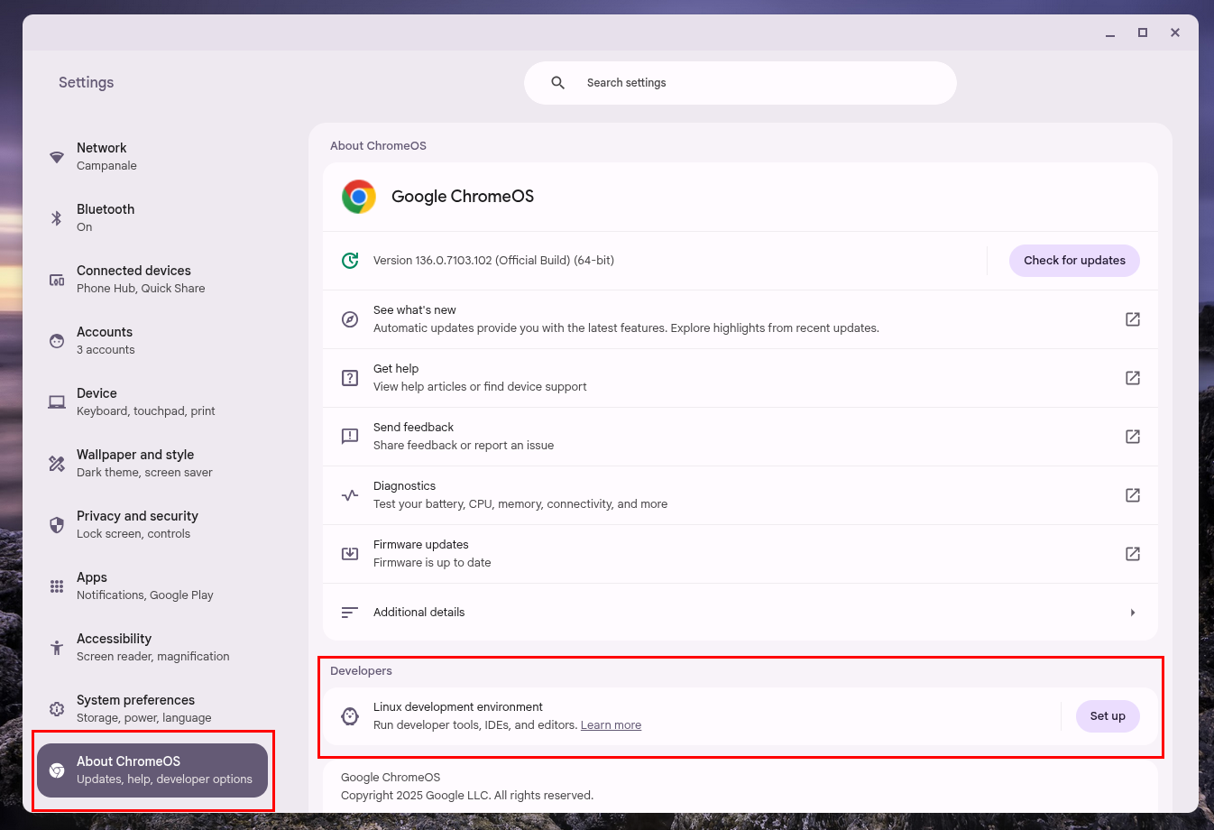 Page À propos de ChromeOS affichant la section développeurs avec le bouton de configuration pour Linux.