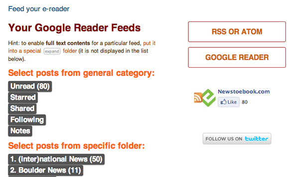 Список фидов и папок в Google Reader для выбора элементов