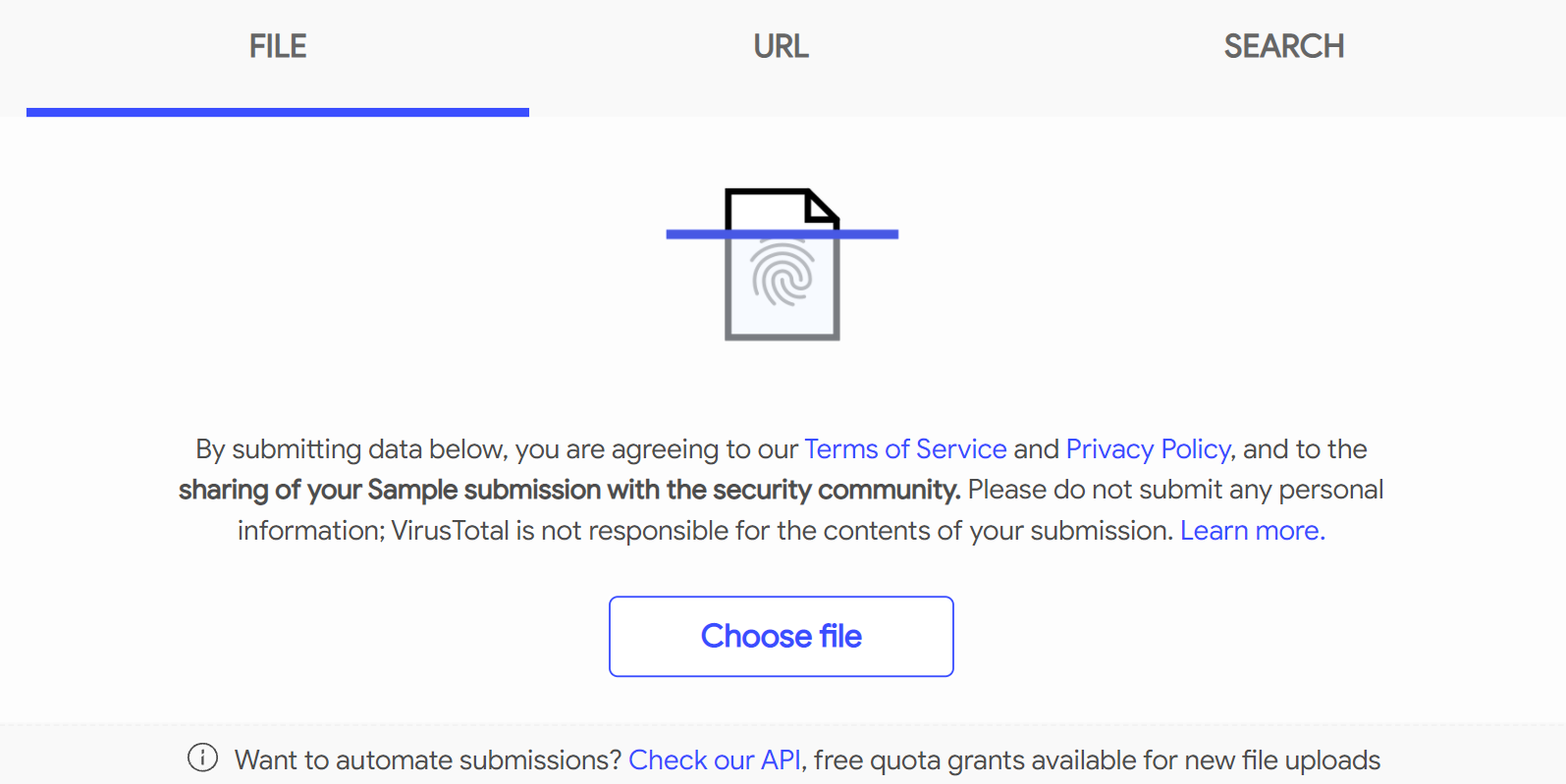 Скриншот сайта VirusTotal с кнопкой 