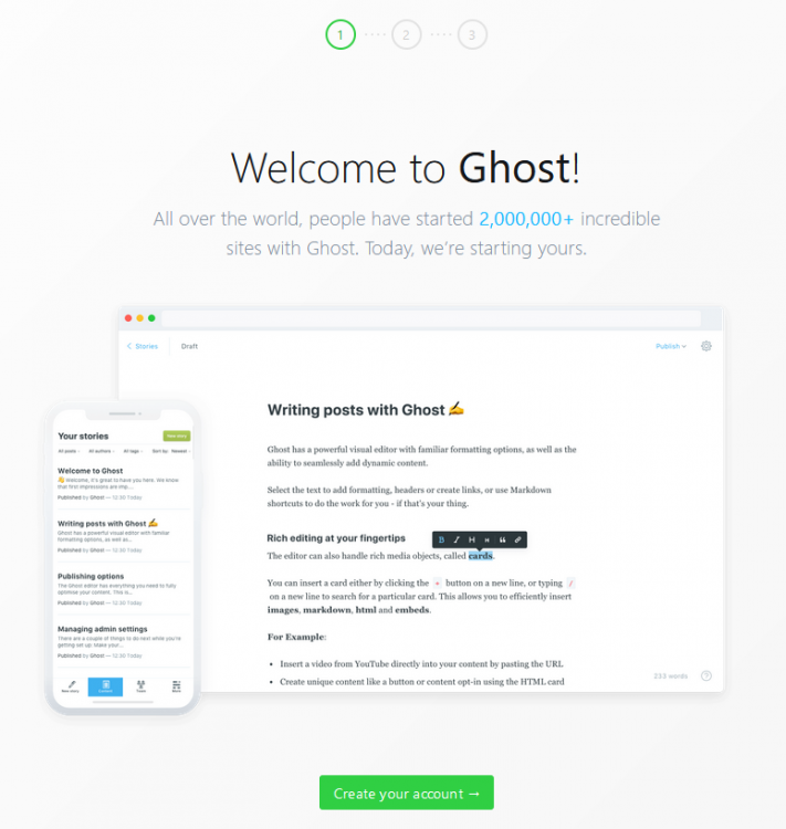 Страница настройки Ghost