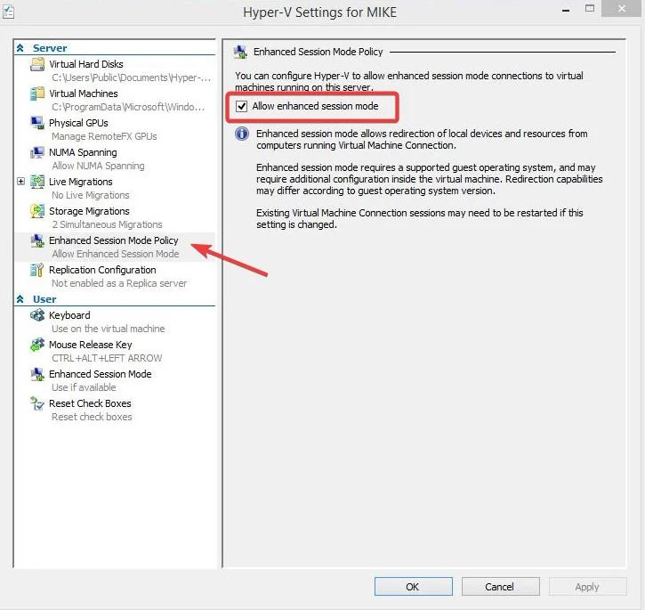 Параметр Allow enhanced session в Hyper‑V Settings выделен