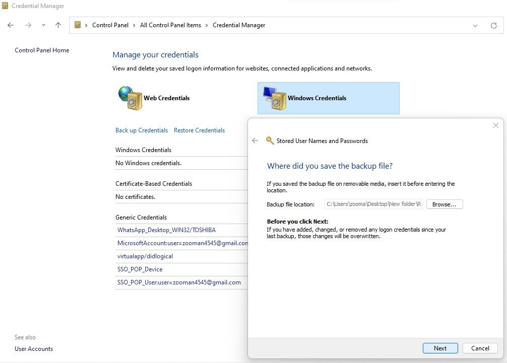 Выбор файла для восстановления резервной копии учётных данных