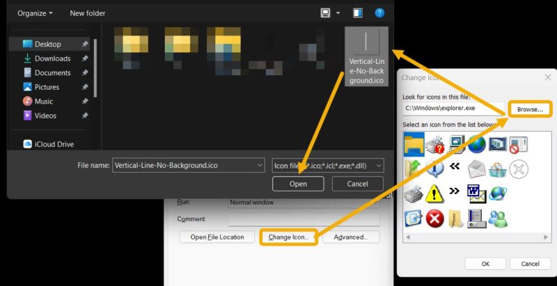 Нажатие 'Сменить значок' в окне свойств ярлыка