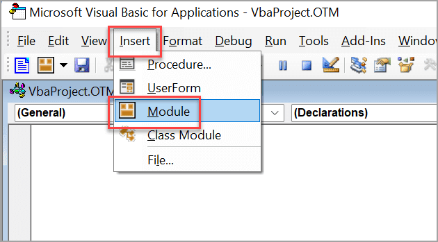Вставка модуля в редакторе VBA
