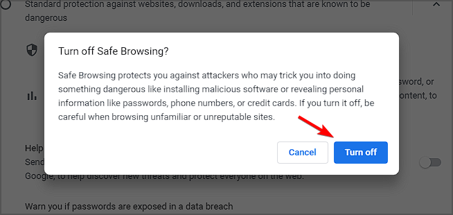 Кнопка Отключить защиту