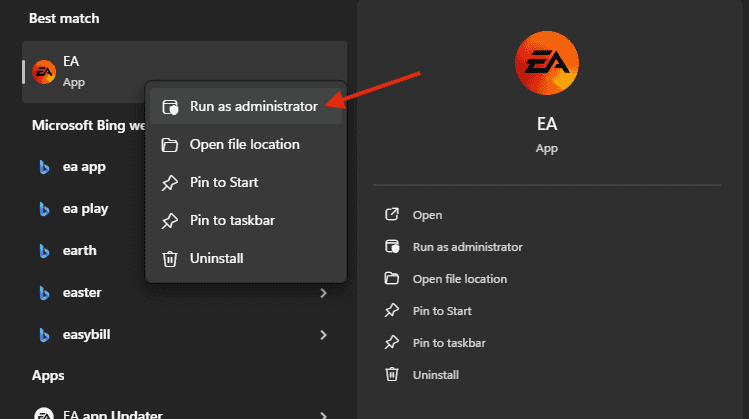 Правый клик: Запуск от имени администратора для EA app