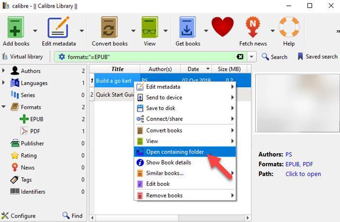 Открытие папки с сохранённым EPUB-файлом в Calibre