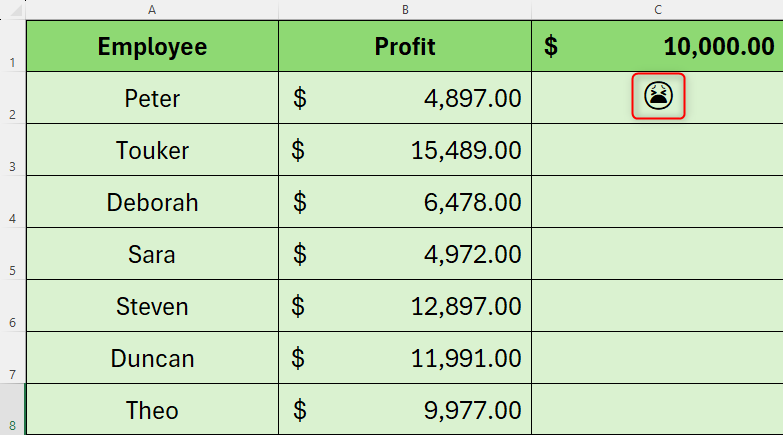 Excel-лист с эмодзи в правом столбце в зависимости от результата IF.