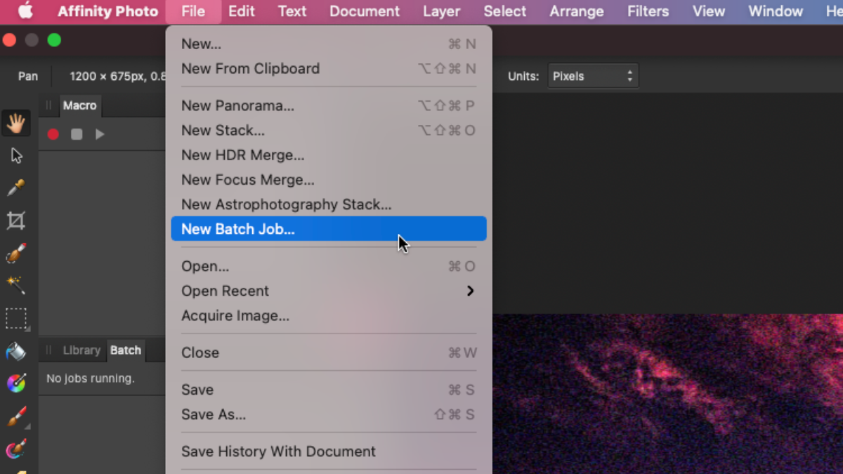 opening new batch job in affinity photo