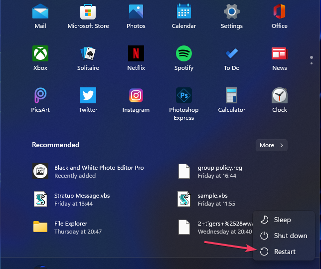 Параметр Перезагрузить в меню Пуск