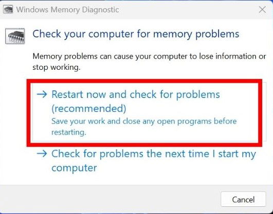 Выбор 'Перезагрузить сейчас и проверить наличие проблем' в диагностике памяти