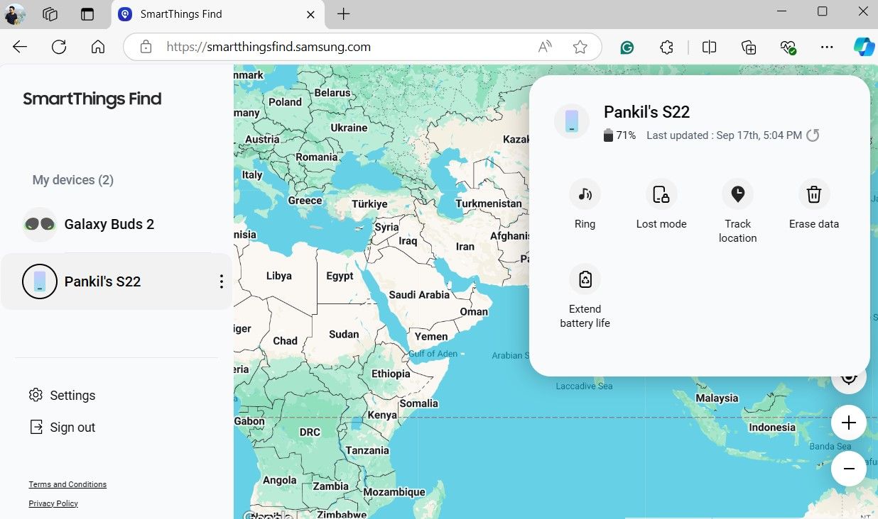 Интерфейс SmartThings Find: режим потери на Samsung