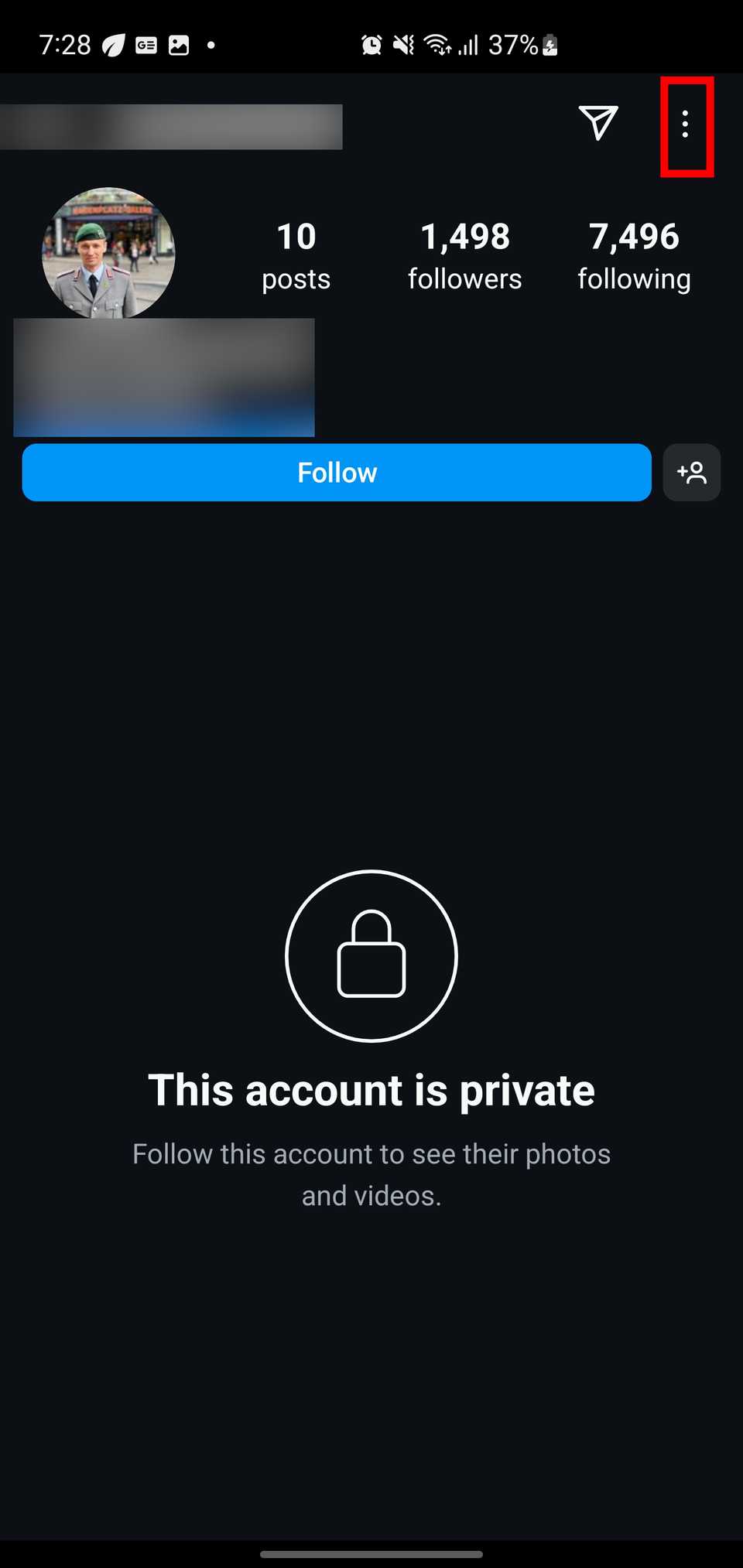 Вертикальные три точки в профиле пользователя Instagram.