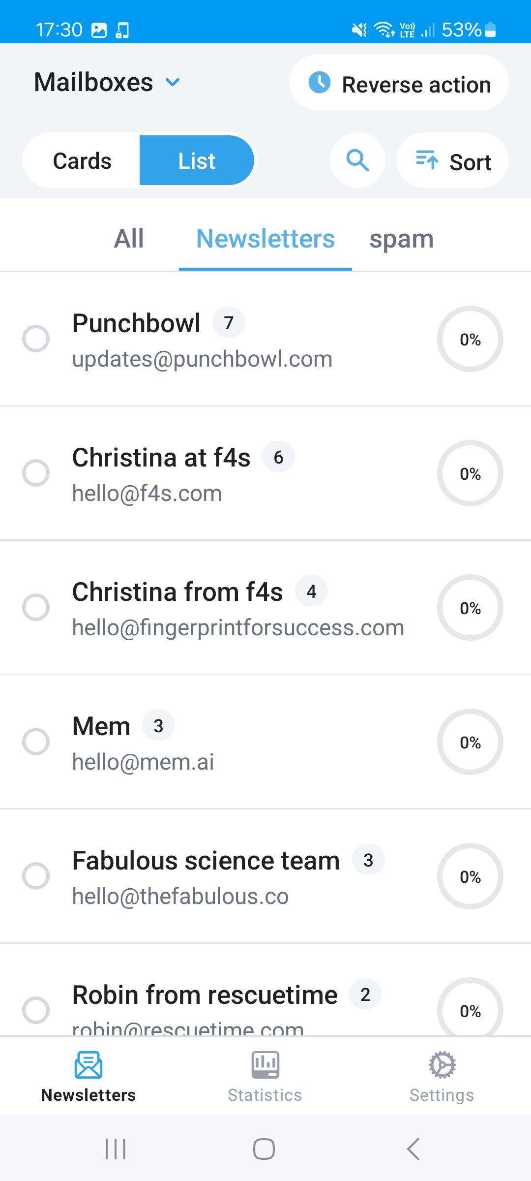 Список писем в приложении CleanFox