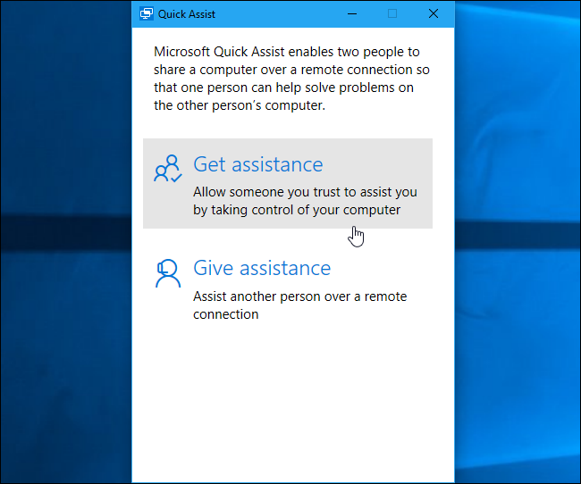 Окно Get Assistance в Quick Assist на удалённом ПК