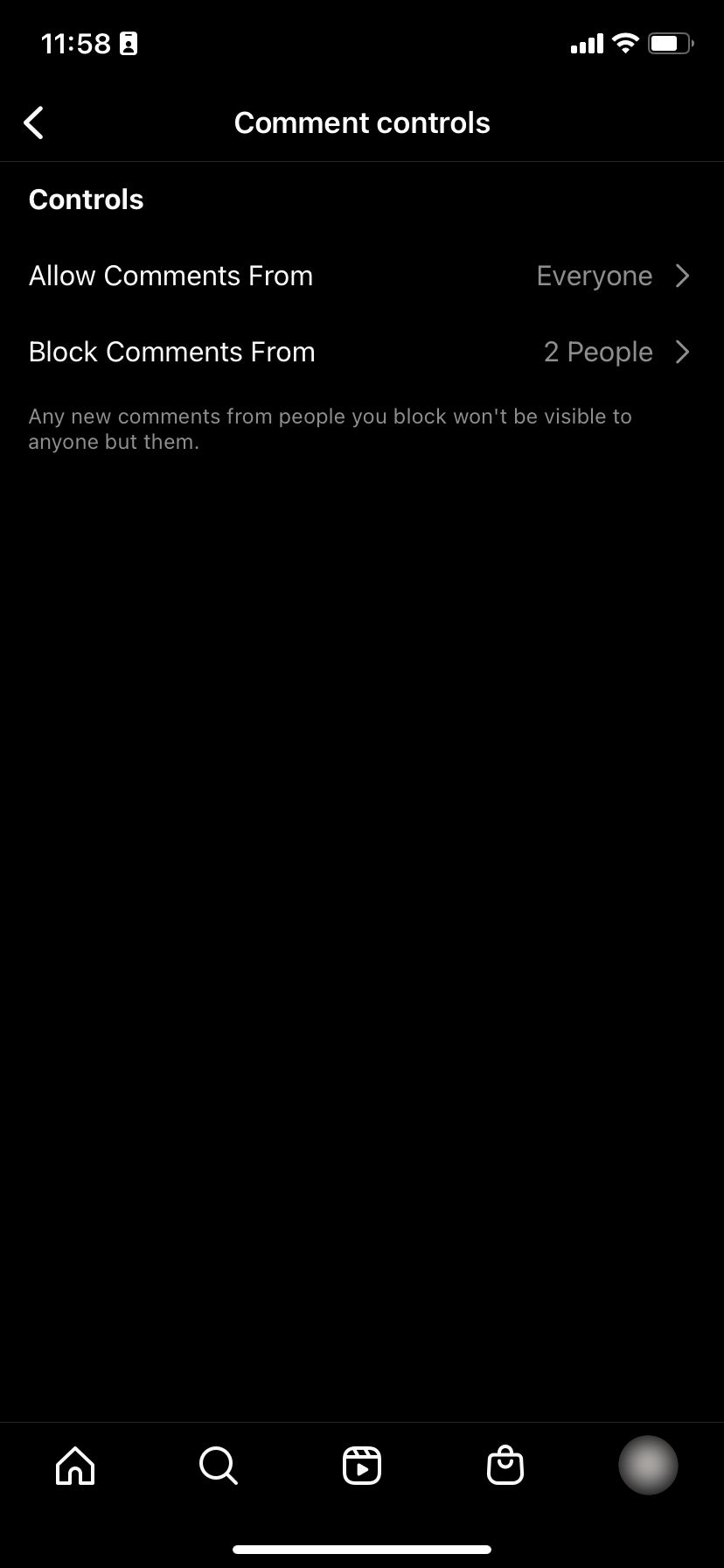 Страница управления комментариями в Instagram