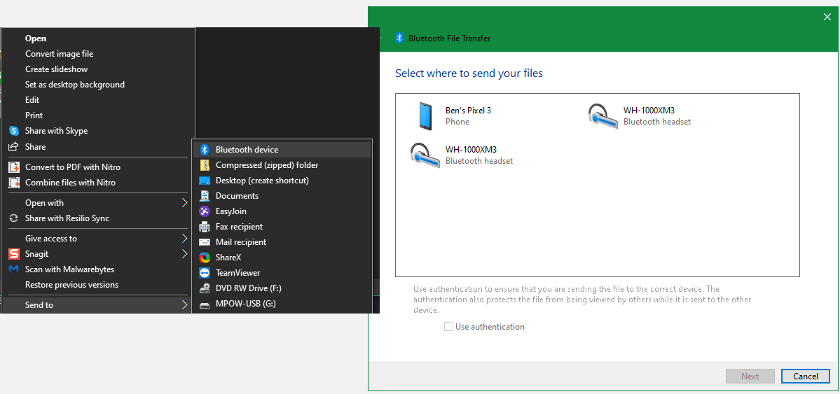 Отправка по Bluetooth в Windows 10