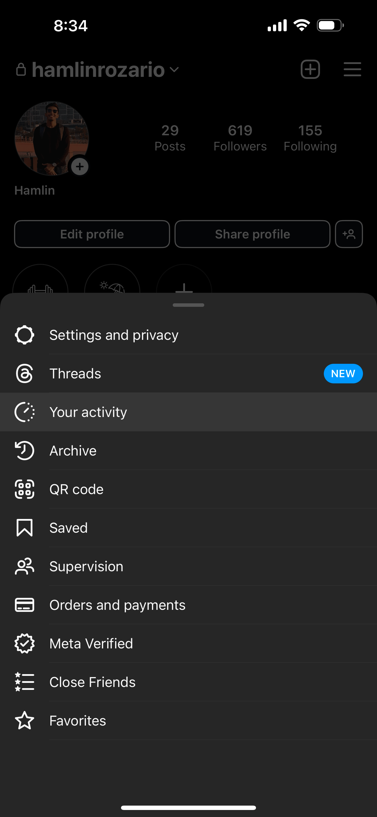 Instagram menu highlighting Your activity
