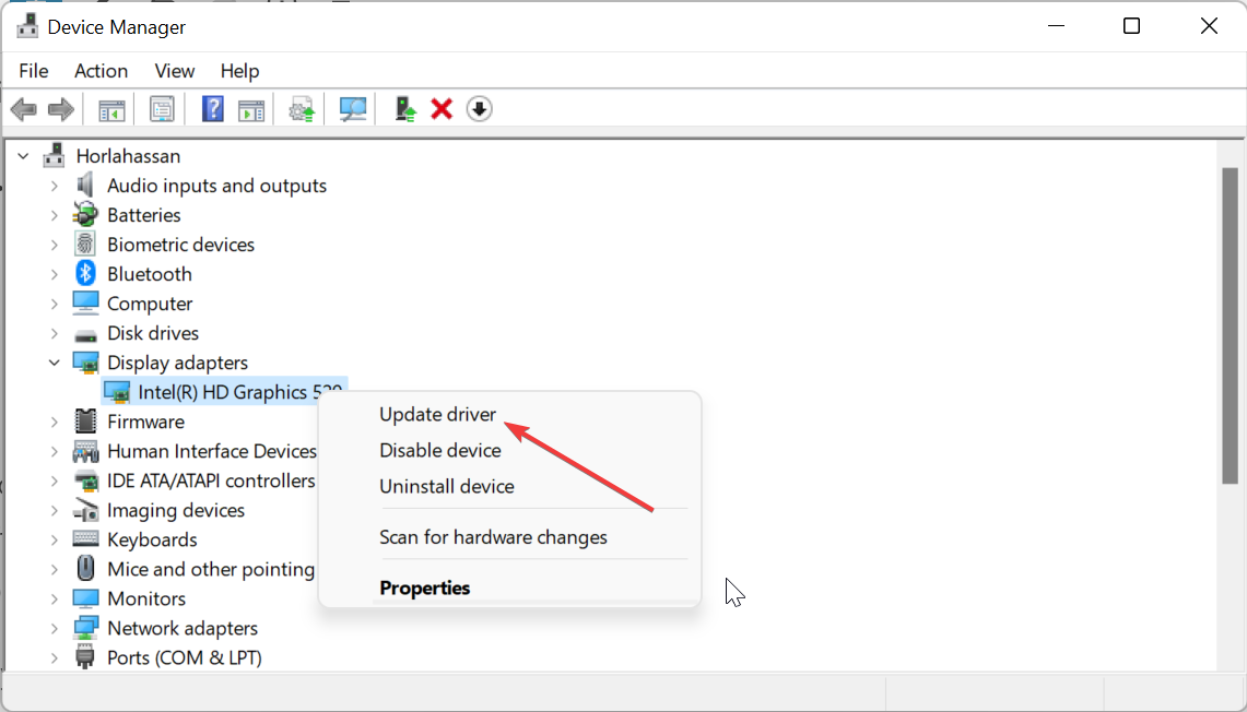 Контекстное меню устройства с опцией 'Обновить драйвер'