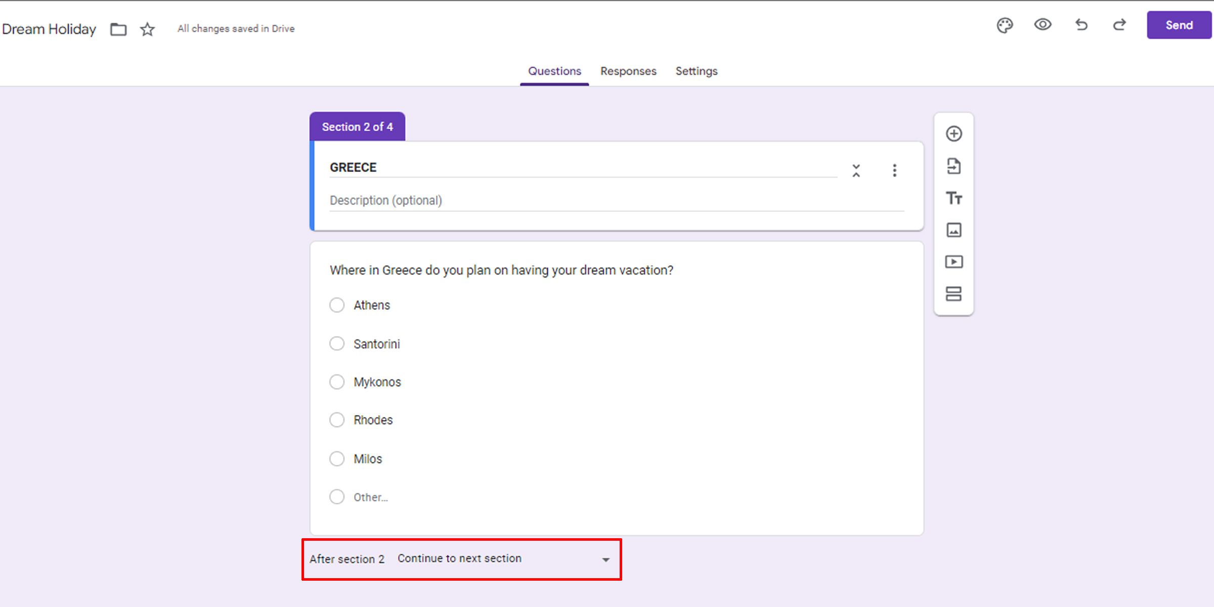 Настройка перехода после секции