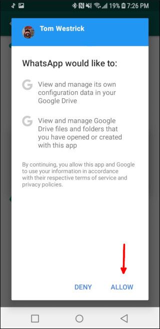 Запрос разрешения WhatsApp на доступ к Google Диску