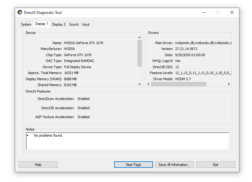 Информация Display из dxdiag показывает модель графического адаптера