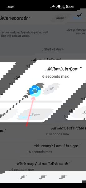 Tapping microphone icon to start recording phrase in Waze app.