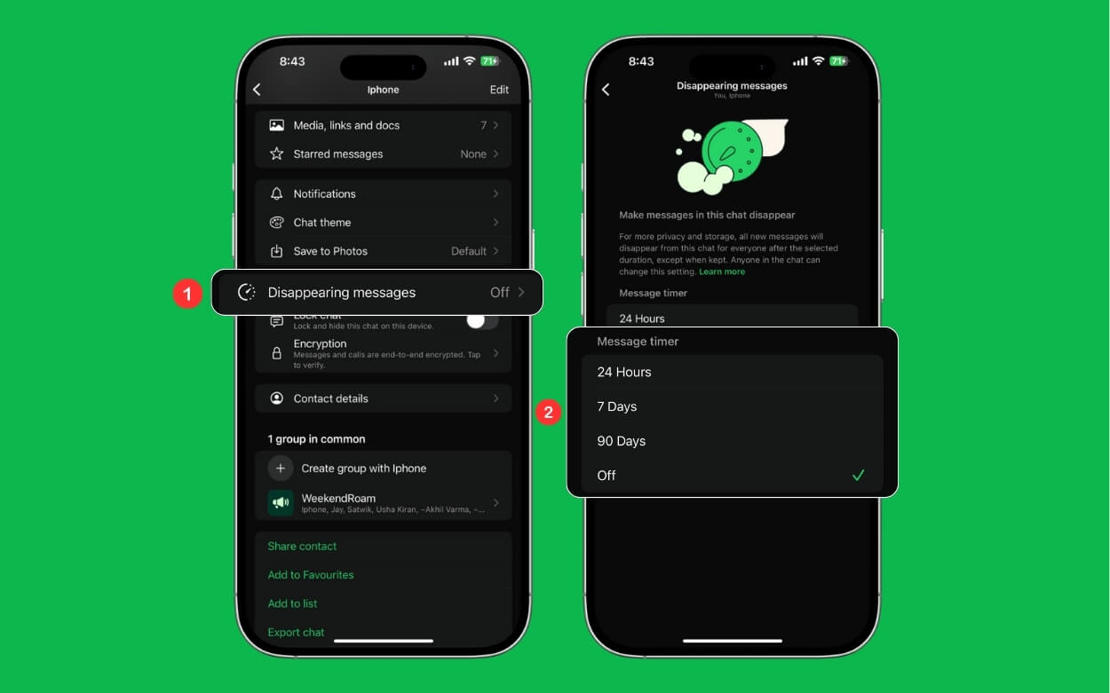 Установка таймера для автоматического удаления сообщений: 24 часа, 7 дней или 90 дней.